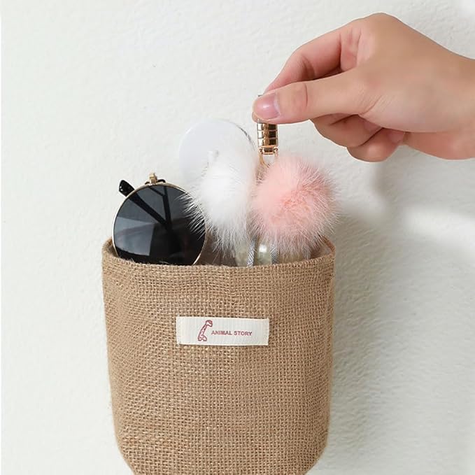 6 PCS Mini Hanging Storage Bags, Anberky Cotton Linen Small Storage Basket Wall Hanging Organizer Box Wall Mounted Storage Pocket Collapsible Decor Bin Bag with Handle for Wall Door Closet (#A)