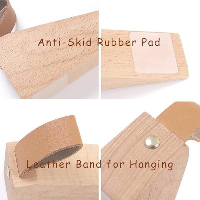 2Pack Large Wooden Door Stopper Non-Slip Security Wood Door Wedge with Leather Strap for Hanging Door Stopper, in House Bedroom Office Living Room Hotel Cabin (Large 2pcs)