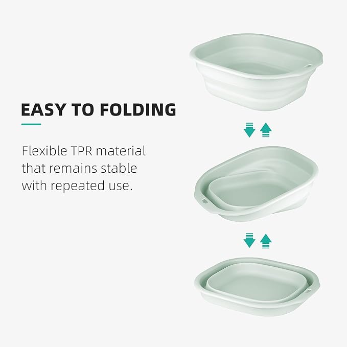 Bellglee 2 Pack Collapsible Wash Basin Set, Foldable Dish Tub, Small Medium Portable Sink for Kitchen, Camping, RV, Baby Bottles, Laundry, Plastic Washbasin -Green