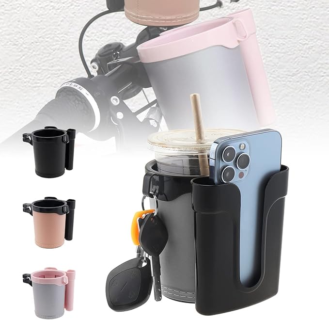 Tobefore Bike Cup Holder ABS+PU Leather with Phone Mount and Keys Hook,Adjustable Drink Holder for Bicycle Handlebar,Universal Coffee Holder for Bicycle, Wheelchair, Scooter and Walker(Black Gray)