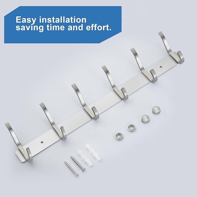 HAMUTH Wall Hooks Heavy Duty, 17 Inch Coat Rack Wall Mount with 6 Hooks, Silver Wall Hooks for Hanging Backpack, Bag, Purse, Clothes, Hat, Coat, Towel | Entryway & Bathroom Storage Organization Hanger