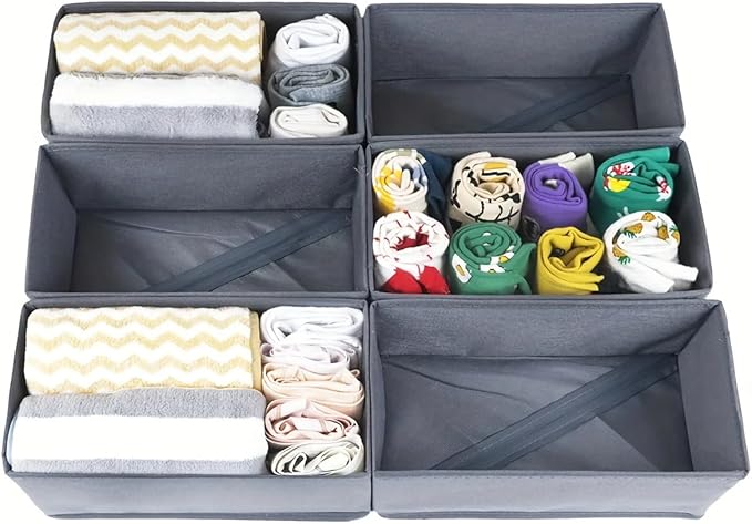 Foldable Drawer Organizer, 3 Pack Gray Fabric Storage Bins with Hardboard Sides, 11×5.5×4.8 Inch Dresser Drawer Dividers for Socks, Underwear, Accessories – Closet Organizer Boxes