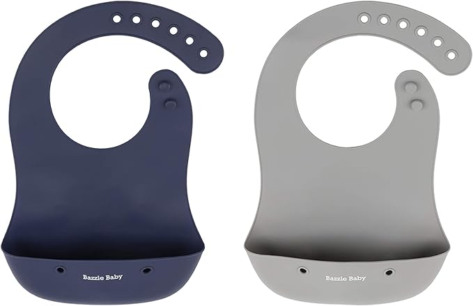 Bazzle Baby Silicone Bibs with Food Catcher - Rolls Up and Button closed for easy travel and storage Waterproof 2-Pk