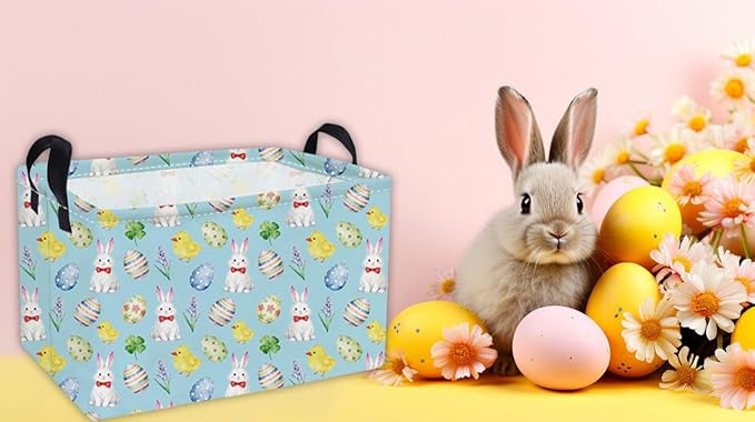 Essme Rectangular Easter Basket, Kids Storage bin Organizer with Handles for Easter Decor,Shelf Basket,Toy Organizer,Easter Baskets.(Blue Easter)
