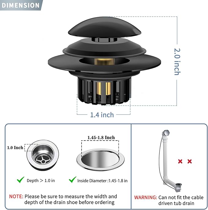 2 in 1 Tub Stopper Bathtub Drain Hair Catcher with Dual Filtration Design, Anti-Clogging Bathtub Drain Plug Bath Tub Stoppers for 1.45-1.8" Drain Shoe, Black