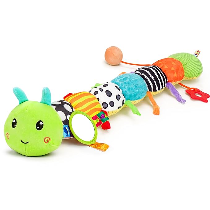 Baby Sensory Toy 0-6 Month Music Animal Stuffed Plush Caterpillar Toy for Infant 0-3-6-12 Month Old Tummy Time with Baby Mirror Crinkle Rattle Carseat Toys for Newborn Boys Girl Shower Gifts