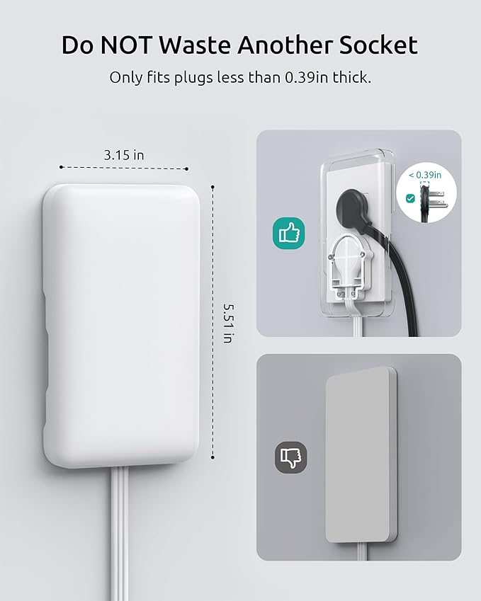 Outlet Cover Extension Cord Long 10ft, 3 Outlets Indoor Flat Extension Cord & Ultra-Thin Flat Wall Plug, 900J Surge Protector, 13A/1625W, ETL Listed, Behind Bed Couch Dresser Furniture, White