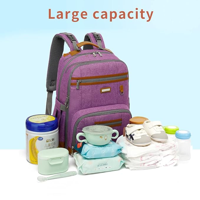 BILLITON MASHI Diaper Bag Backpack, Large Baby Nappy Bags with Portable Changing Pad for Boys and GirlsMultifunction Travel Baby Bag for Moms Dads, Shower Gifts Waterproof and Stylish,Purple