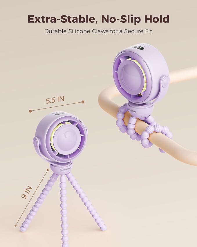 SWEETFULL Baby Stroller Fan - 4000mAh Rechargeable 4-Speed Quiet with LED Display & Night Light, Mini Portable 360° Clip On Safe Fan for Car Seat, Crib, Travel - Purple