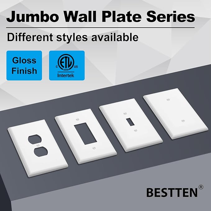BESTTEN 10 Pack 1-Gang Oversized Blank Wall Plate, Unbreakable Polycarbonate Receptacle Outlet Cover, Gloss Finish, White, ETL Listed