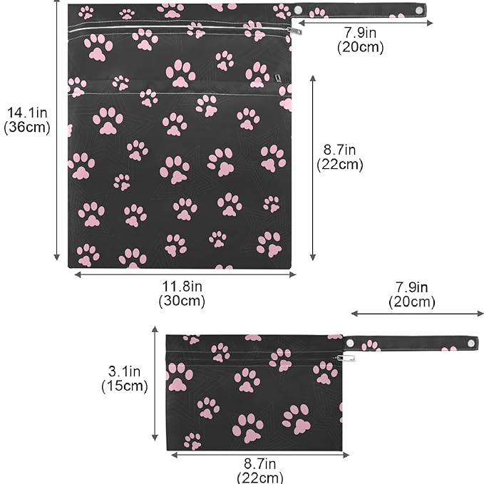 visesunny 2Pcs Wet Bag with Zippered Pockets Cat Footprint Washable Reusable Roomy Diaper Bag for Travel,Beach,Pool,Daycare,Stroller,Diapers,Dirty Gym Clothes, Wet Swimsuits, Toiletries