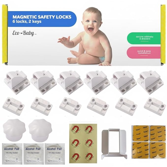 6 Pack Magnetic Cabinet Locks for Babies (with 2 Keys), Eco Baby Magnetic Baby Proofing Cabinet Locks, Child Locks for Cabinets Drawers Doors for Back to School, Easy Installation No Tools Required