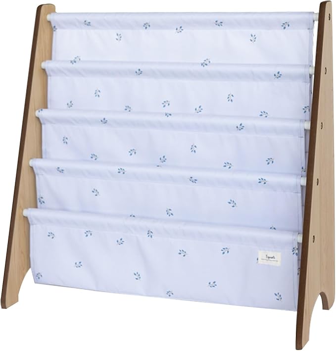 3 Sprouts Recycled Fabric Kids Bookshelf β 4-Tier Sling Book Rack Organizer - Nursery Room Playroom Classroom Wooden Book Shelves - Kid Bookcase Wood Storage Shelf for Toddler Age 3+ - Blueberry Mist