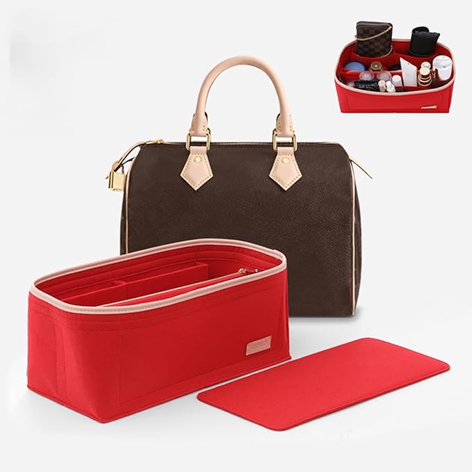 Doxo Purse Organizer Insert for Handbags & Base Shaper Combination,Tote Bag Organizer Insert with 6 Sizes,Compatible with LV Speedy 25 & Neverfull PM ON THE GO and More(Red-Medium)