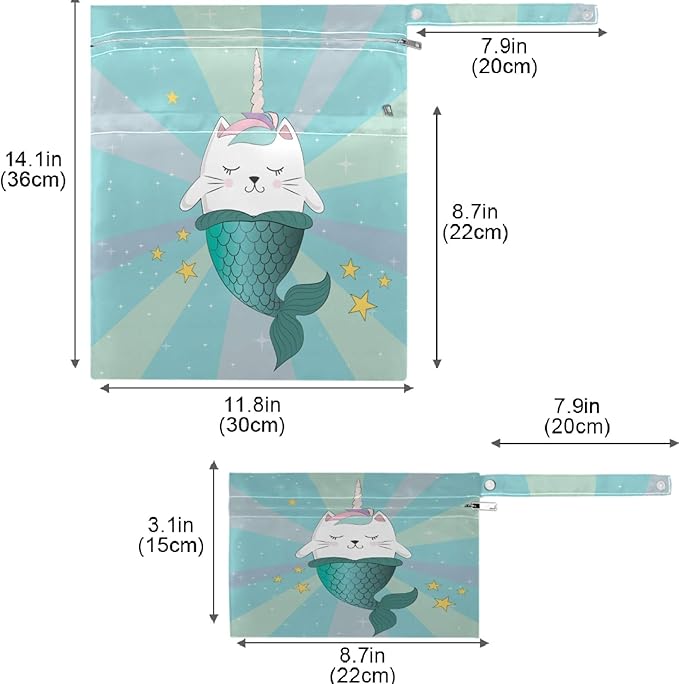 visesunny Fun Magic Cat Unicorn And Mermaid 2Pcs Wet Bag with 2 Zippered Pockets Snap Handle Washable Reusable Roomy for Travel,Beach,Pool,Daycare,Stroller,Diapers,Dirty Gym Clothes, Wet Swimsuits, To