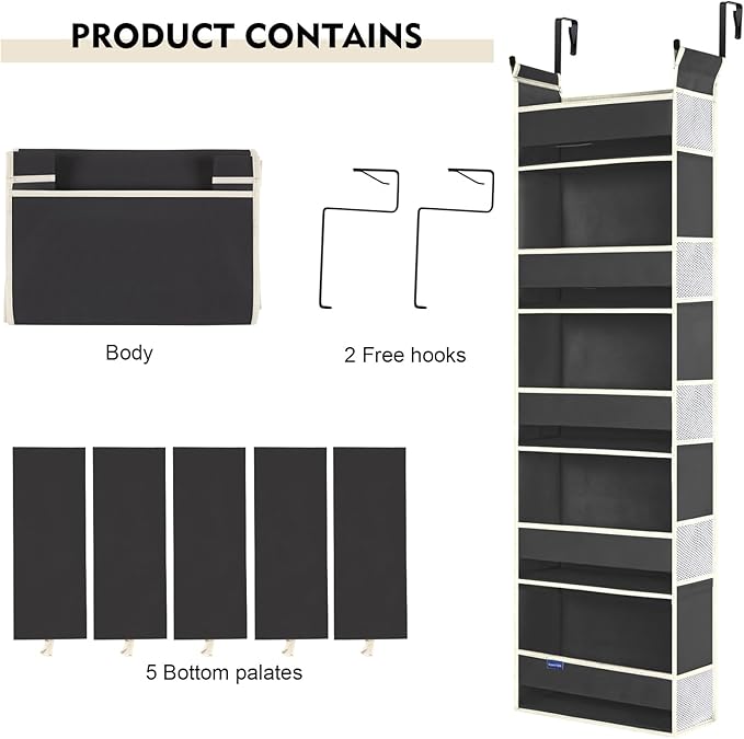 roomtalk Over The Door Hanging Organizer 5-Shelves and 10 Side Pockets, Over The Door Storage for Bathroom and Bedroom, Back of Door Organizers for Baby Accessories and Kid's Toys (13"x5"x44", Black)