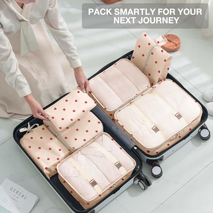 8 Set Packing Cubes for Suitcases,Suitcase Organizer with Shoe,Cosmetics,Clothing, and Accessories Bags for Travel Luggage Organizer Women Men(Beige Small Strawberry)