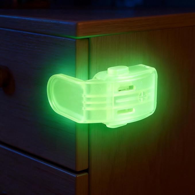 Luminous Lock for Drawer, Roctee 6 Pack Drawer Cabinet Locks Glow in The Dark Button Furniture Latch Kitchen Cupboard RV Barn, Night Easy Unlock, Fluorescent Decor