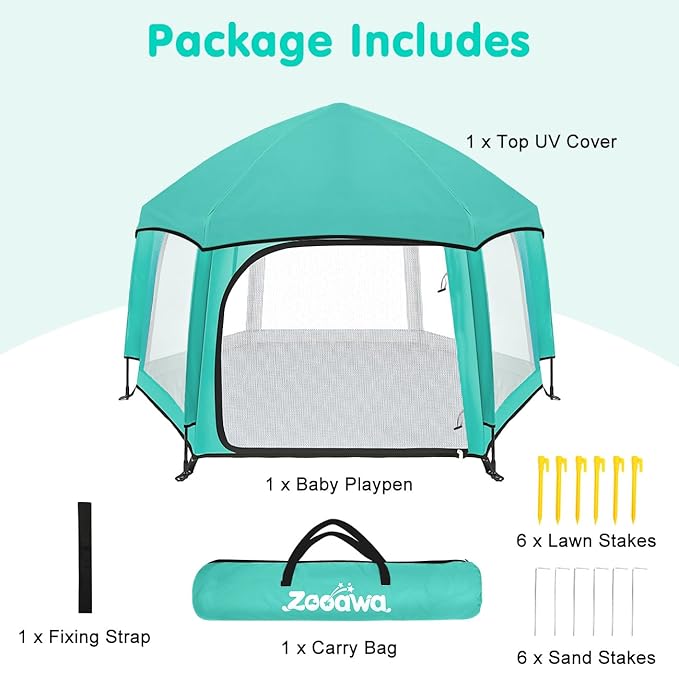 Zooawa Pop Up Playpen for Baby, Portable Play Yard for Babies and Toddlers with Removable Sun-Shades& 2 Side UV Covers, Lightweight Outdoor Baby Playpen with Travel Bag,Beach,Home, Mint Green