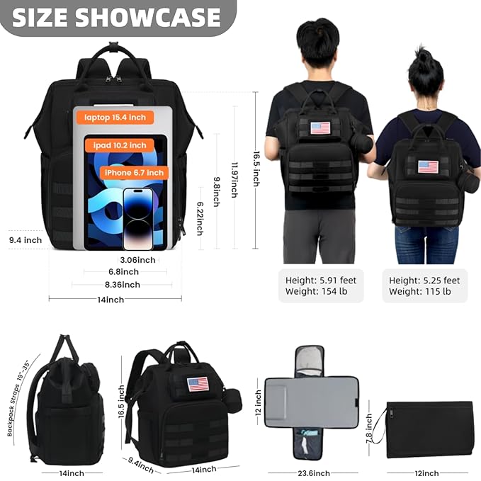 ROSEGIN Diaper Bag Backpack for Dad and Men, Large Travel Baby Bag with Changing Pad, Pacifier Case, Removable Flag Patch - Baby Shower Gifts - Shadow Black