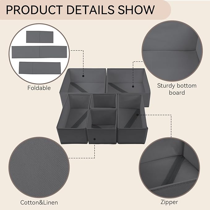12 Pack Drawer Organizer Clothes Set,Foldable Fabric Closet Dresser Storage Dividers,Closet Organizer and Storage for Nursery,Underwear,Bra,Sock,Tie,Grey