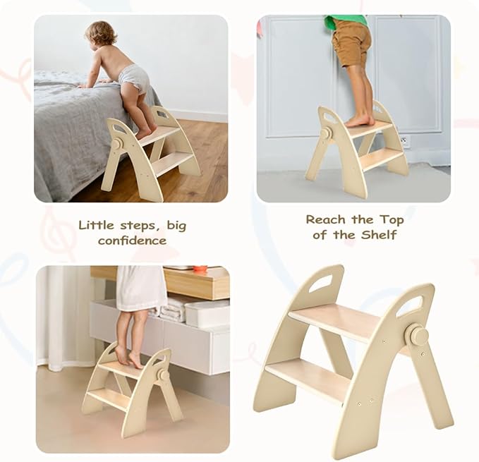 Wooden 2 Step Stool for Kids Bathroom Sink Foldable Anti-Slip 2-Step for Toilet Potty Training, Child Stepping Stool for Kitchen Nursery Bedroom