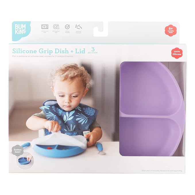 Bumkins Toddler and Baby Suction Plate, Silicone Divided Grip Dish and Lid, Babies and Kids, Baby Led Weaning, Children Feeding Supplies, Non Skid Bottom, Platinum Silicone, Ages 6 Mos Up, Lavender