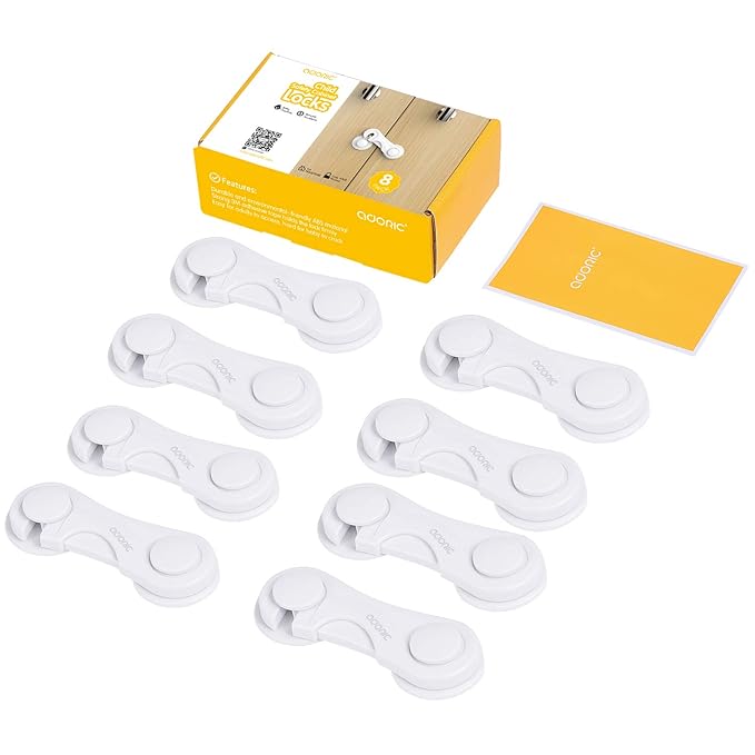 Child Safety Cabinet Locks, Adoric Baby Child Proof Cabinet Kitchen System, Drawers, Adjustable Strap, No Tools or Drilling and Strong Adhesive (8-Pack White)