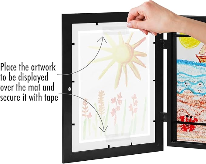 Americanflat - 4 Pack - Kids Artwork Frame Changeable (Black) - Magnetic Door Holds 100 Art Pieces - 8.5x11 Letter Size Display with Mat or 10x12.5 Without Mat - My Mini Masterpiece