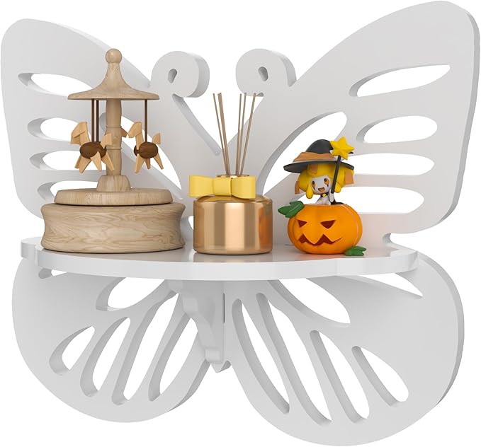 Butterfly Shaped Nursery Wall Deor Floating Shelf, Cute Wall Display Rack for Kid’s Room, Small Decorative Shelf Wall Mounted, White Hanging Wall Shelf for Toys, Plants and Decorations Storage, White