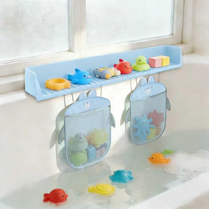 Silicone Bathtub Splash Guard with 4 Suction Cups - Blue Extra-Long 31.5 Inch Bathtub Splash Guard for Kids,2 Storage Pockets Large Capacity Bath Toy Caddy Holder
