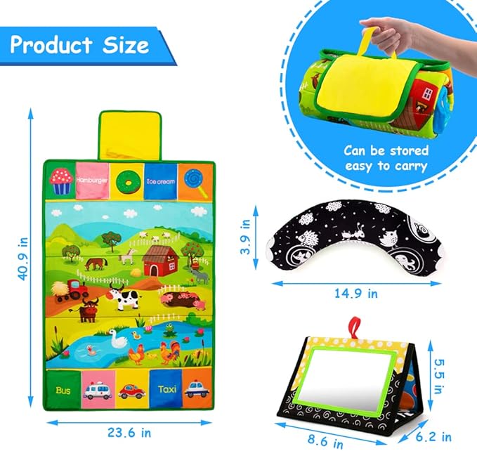 Inbeby Tummy Time Mirror & Play Mat & Pillow 3-in-1, High Contrast Black and White Baby Toys, Activity Mat for Early Education, Newborn Infant Tummy Time Toy Set for 0 3 6 12 Month Crinkle/Squeake