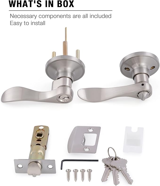 (2 Pack Door Levers Interior Keyed Difference Entry Front/Bedroom Door Handles for Left and Right Opened Door with Lock and Keys Set in Satin Nickel