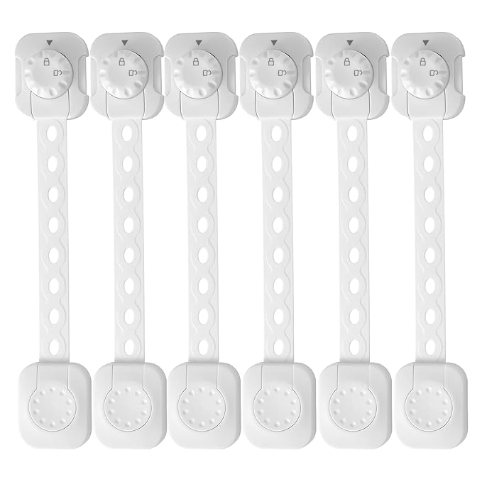 Fursafe&Q Child Safety Cabinet Proofing, Baby Cabinet Locks Adhesive Adjustable Child Safety Strap Locks Drawer Fridge Ovens Toilet Latches No Screws for Furniture Kitchen White 6Pack