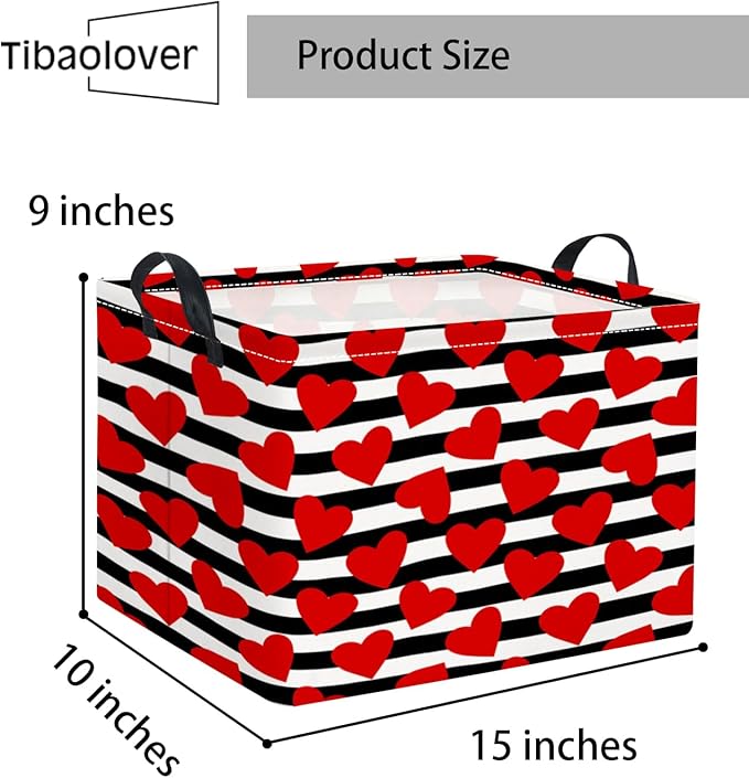 TIBAOLOVER Rectangular Valentines Basket for Women Girls Storage Bin Organizer Box Shelf Room Decor(Black Red Heart)