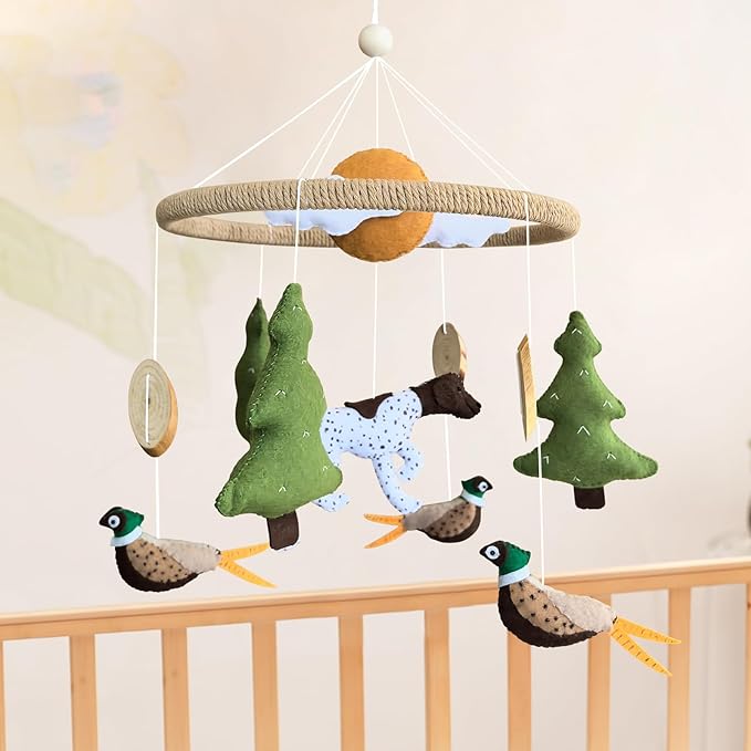 Baby Mobile for Crib Hunting Baby Crib Mobile for Boys Girls Handmade Felt Woodland Nursery Decor Infant Bedroom Hanging Pheasant Dog Hunting Decor for Bassinet Gender Reveal Newborn Gifts