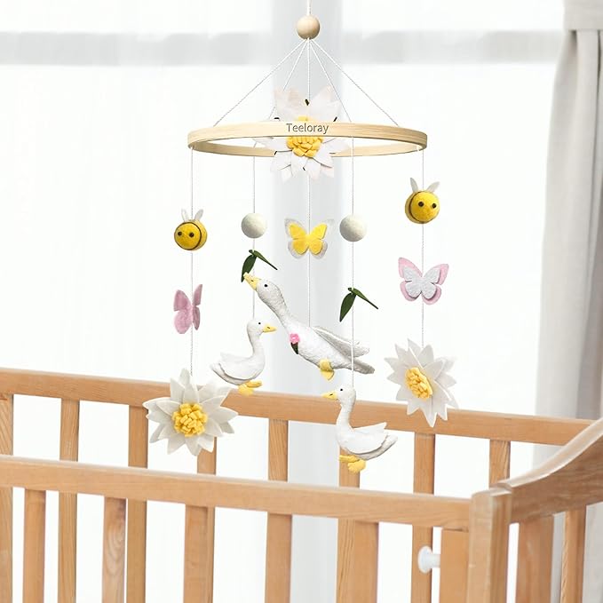 Baby Mobile for Crib Goose Nursery Decor Handmade Felt Crib Mobile for Bassinet One Silly Goose Birthday Decorations Flowers Butterflies Bees Room Hanging Decor Baby Shower Newborn Gifts