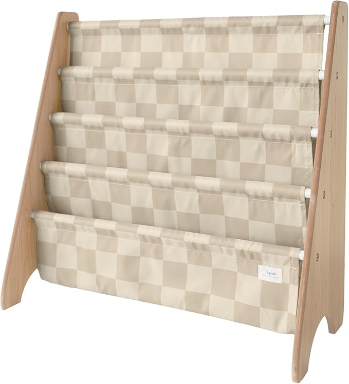 3 Sprouts Recycled Fabric Kids Bookshelf β 4-Tier Sling Book Rack Organizer - Nursery Room Playroom Classroom Wooden Book Shelves - Kid Bookcase Wood Storage Shelf for Toddler Age 3+ - Checkered Beige
