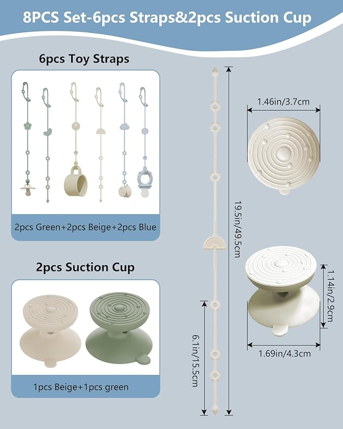 6 Pack Silicone Baby Toy Straps with 2 pcs Suction Cup Bases, Silicone Pacifier Holder, Toy Strap,Adjustable Toy Holder for Stroller Accessories, Car Seat, Highchair,Crib (A)