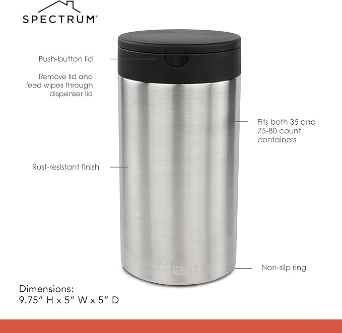 Spectrum Disinfecting Wipes Container Large Satin Nickel Refillable Stainless Steel Wipe Holder for Bathroom Kitchen Classroom, Reuseable Push Button Wet Wipe Dispenser for Cleaning Countertop