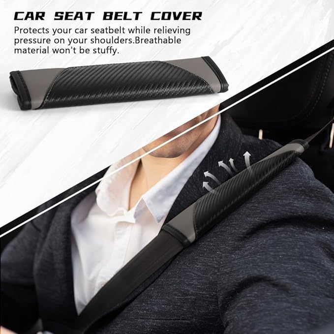 2PCS Car Seat Belt Cover Pad, Soft Carbon Fiber Leather Seatbelt Shoulder Protector for a More Comfortable Driving, Universal Safety Belt Strap Cover to Protect Your Neck (Gray)