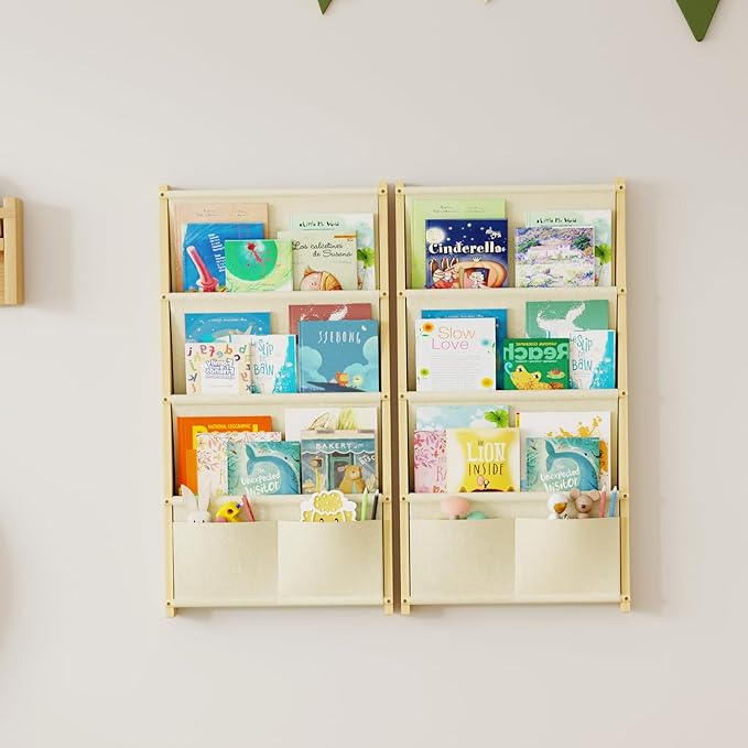Wood 4-Tier Wall Mounted Kids Bookshelf – Floating Book Shelf For Kids Rooms,Nursery & Classroom, Hanging Bookcase Organizer For Books, Nursery Shelves, Toddler Book Shelf, Montessori Bookshelf 2Pack