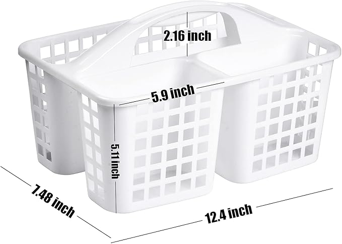 ALINK Plastic Shower Caddy Basket with Compartments, Portable Divided Cleaning Supply Storage Organizer with Handle for College Dorm Bathroom - White