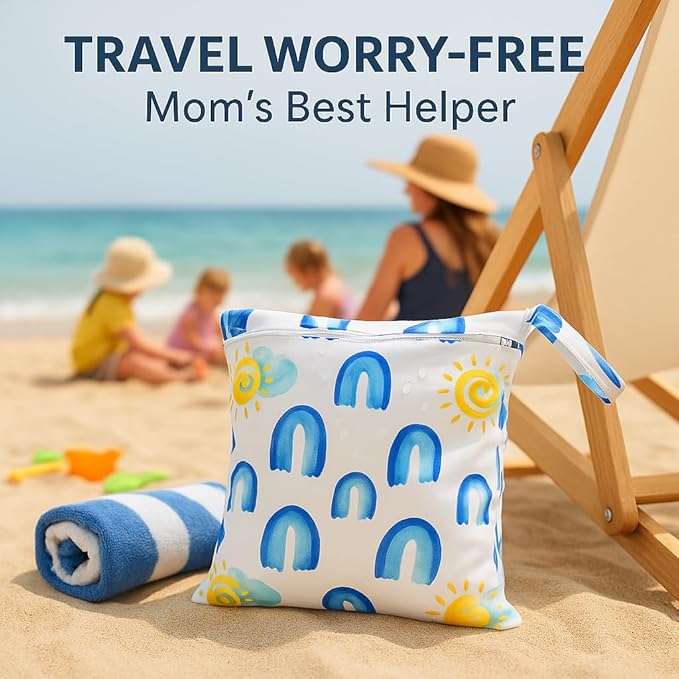 FANALALA Waterproof Wet Dry Bag, Reusable Diaper Pouch with Zipper, Machine Washable Travel Organizer for Beach, Daycare, Kids, Dinosaur Pattern (Rainbow)