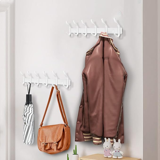 HAMUTH White Wall Hooks Heavy Duty, 17 Inch Coat Hooks Wall Mount with 6 Hooks, Wall Hooks Hangers for Entryway, Bathroom - for Hanging Backpack, Bag, Coat, Purse, Hat, Towel, Clothes