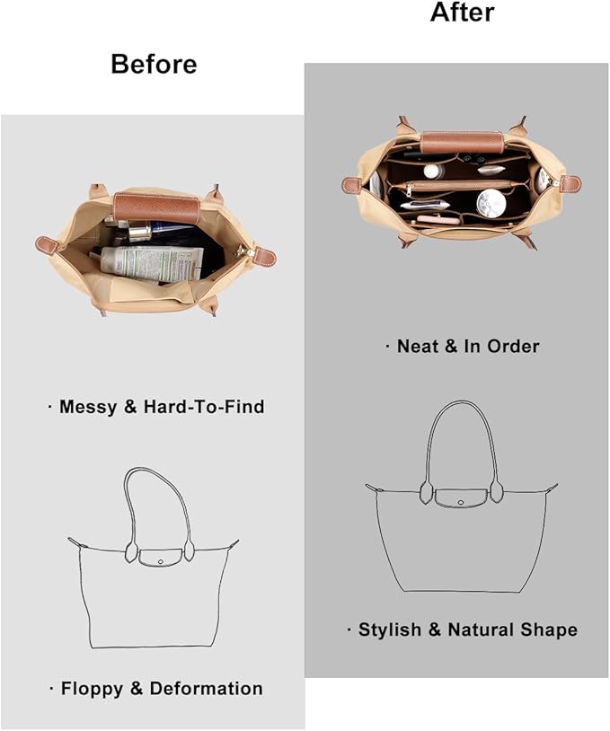 ZTUJO Purse Organizer Insert For Handbags, Silky Bag Organizer With 2 Zippers For Speedy Neverful Tote and More (Brown, Large)