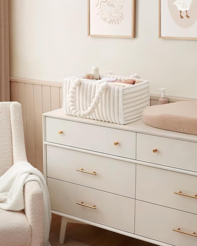 Blissful Diary Flannel Diaper Caddy Organizer, included Gift Packaging, Cozy Nursery Storage Basket, Gift for Baby Shower, Newborn Essentials, Cream Beige