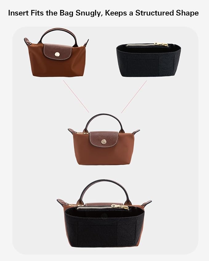 Mini Bag Organizer with Genuine Leather Crossbody Strap Conversion Kit, Compatible with Longchamp Mini Bag – Inner Liner Insert + Strap Kit Set, Brown Strap & Black Insert | Lightweight Build