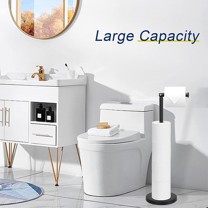 NearMoon Bath Toilet Paper Holder Stand- Modern Tissue Roll Holder Standing with Balanced Base, Rustproof Toilet Roll Holder for Bathroom/Kitchen Countertop (Matte Black, Stainless Steel Base)