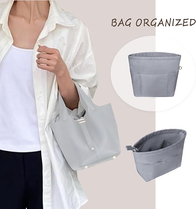 Vercord Purse Insert Organizers for Petite Tote Bag Organizer Insert Inside Handbag Shaper with Zipper Light Grey Mini